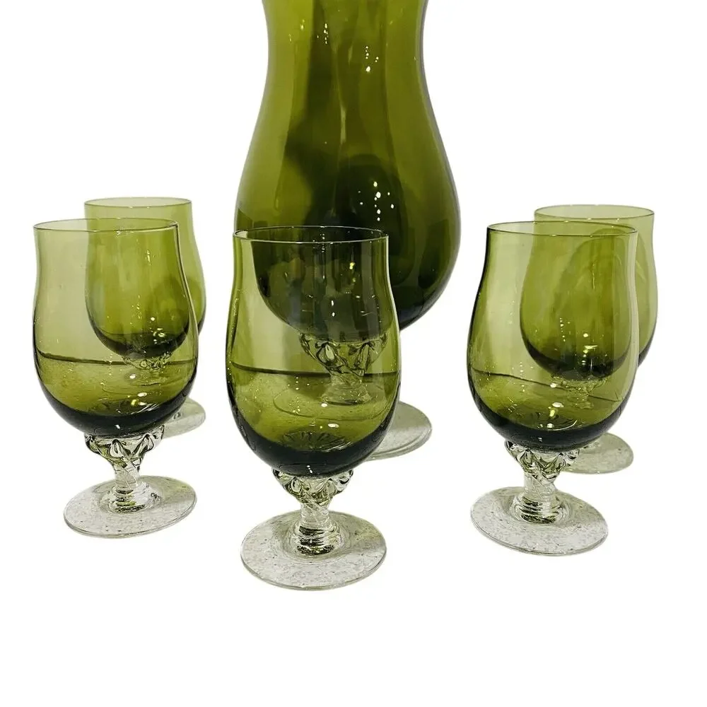 Vintage Sasaki Cocktail Set Green Art Glass Pitcher Decanter & 5 Wine Glasses
